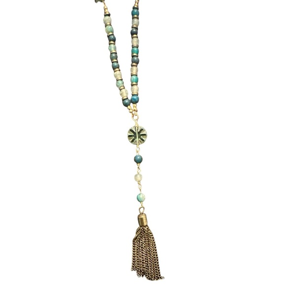 Vintage Boho Beaded Lariat Necklace | Turquoise & Gold Tassel Pendant - Picture 2 of 6